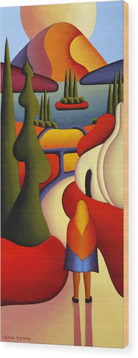 Dreamscape Wood Print featuring the painting Dreamscape with cottage and ritual figure by Alan Kenny