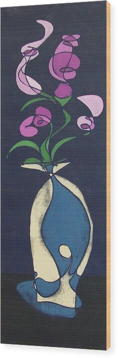 Abstract Wood Print featuring the painting Floral on Indigo by John Gibbs