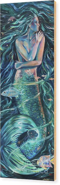 Mermaid Wood Print featuring the painting Mermaid Swirl Glow by Linda Olsen