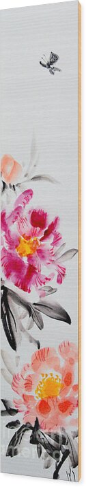 Japanese Wood Print featuring the painting Camellia And Butterfly by Fumiyo Yoshikawa