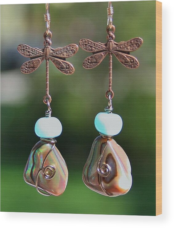 Jewelry.dragonfly Wood Print featuring the photograph Abalone Dragonfly Earrings by Kelly Nicodemus-Miller
