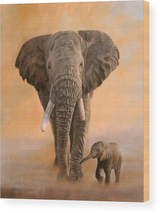 Elephant Wood Print featuring the painting African Elephants by David Stribbling