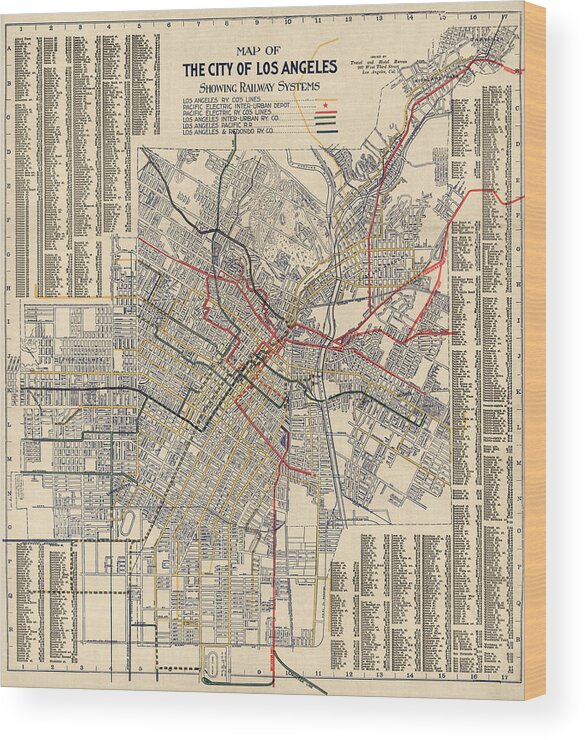 Los Angeles Wood Print featuring the drawing Antique Railroad Map of Los Angeles - 1906 by Blue Monocle