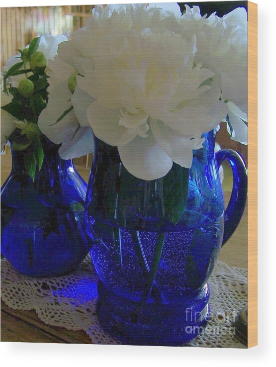 Blue Glass Wood Print featuring the photograph Blue and White by Jackie Mueller-Jones