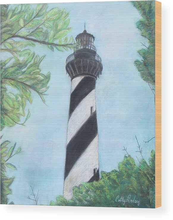 Lighthouse Wood Print featuring the pastel Cape Hatteras Light by Cathy Lindsey