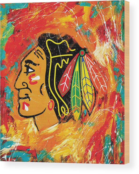 Sports Wood Print featuring the painting Chicago Blackhawks logo by Elliott Aaron From