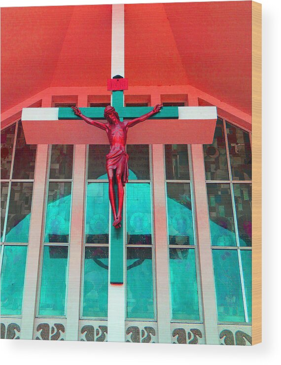 Church Wood Print featuring the photograph Church Crucifix Red by Laurie Tsemak