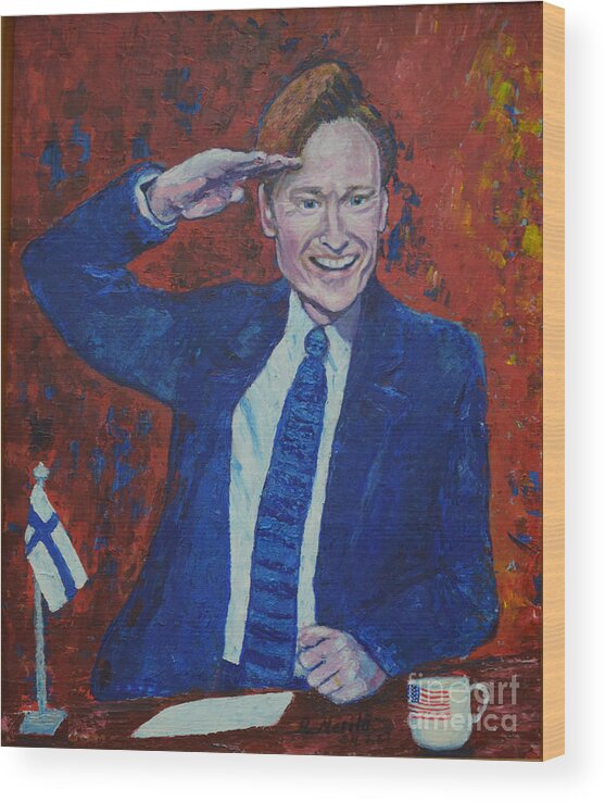 Conan O'brien Wood Print featuring the painting Conan O'Brien Flagging Finland by Raija Merila