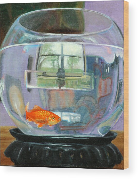 Goldfish Wood Print featuring the painting detail fish bowl of Fishing by Anne Cameron Cutri