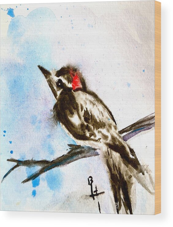 Downy Woodpecker Sumi-e Wood Print featuring the painting Downy Woodpecker Sumi-e by Beverley Harper Tinsley