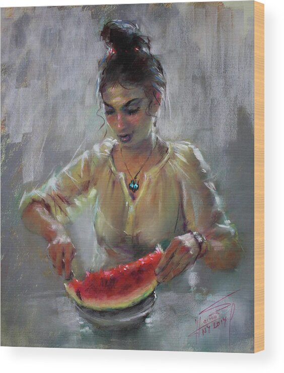 Watermelon Wood Print featuring the pastel Erbora with Watermelon by Ylli Haruni