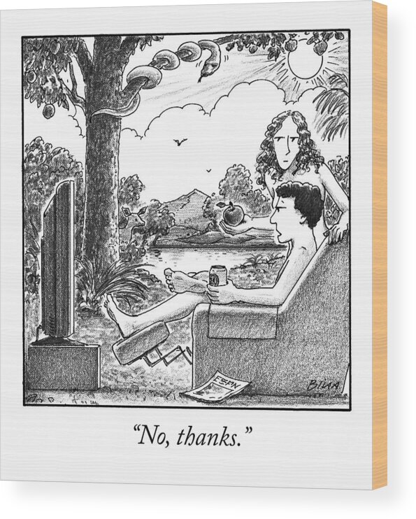 Ino Thanks.i Adam And Eve Wood Print featuring the drawing Eve Offers Adam An Apple by Harry Bliss