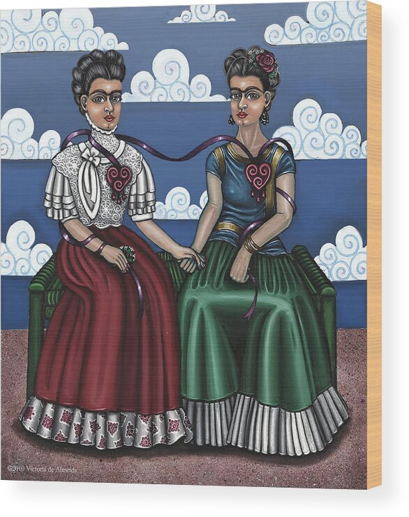 Hispanic Folk Art Wood Print featuring the painting Frida Beside Myself by Victoria De Almeida