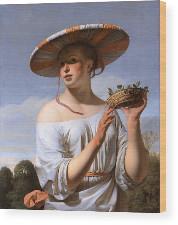 Caesar Van Everdingen Wood Print featuring the painting Girl in a Large Hat by Caesar van Everdingen