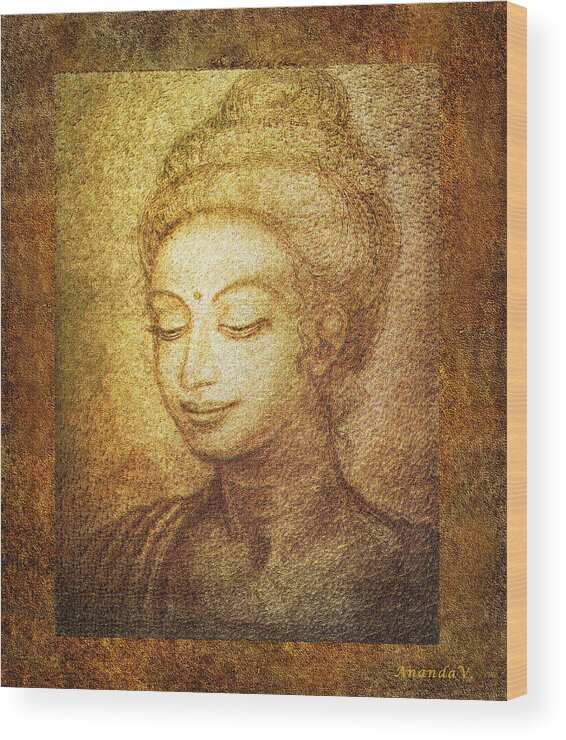 Buddha Wood Print featuring the mixed media Golden Buddha by Ananda Vdovic