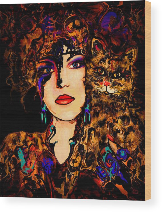 Woman With Cat Wood Print featuring the mixed media Happy Together by Natalie Holland