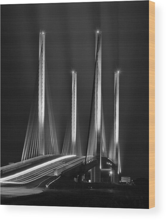 Beach Bum Pics Wood Print featuring the photograph Inlet Bridge Light Trails in Black and White by Billy Beck
