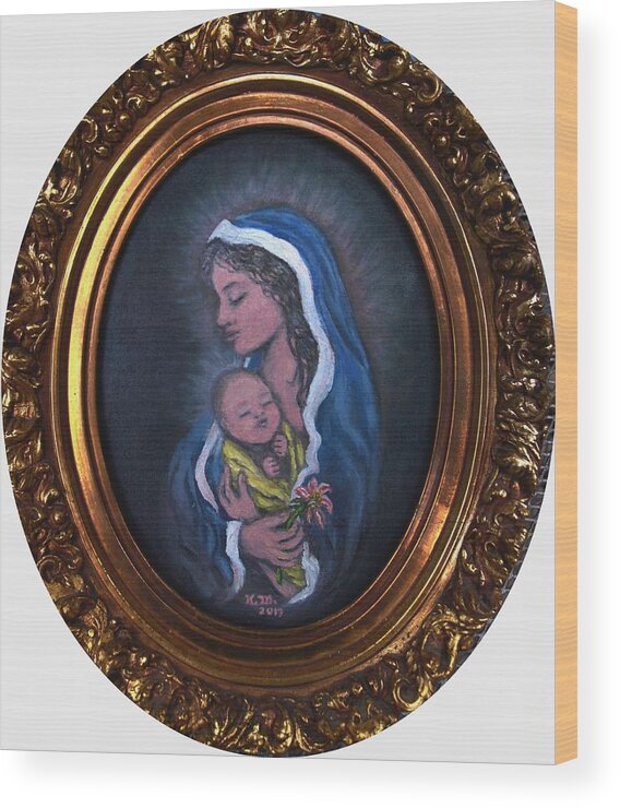 Madonna & Child Wood Print featuring the painting Madonna of the Pink Lilly by Kathleen McDermott