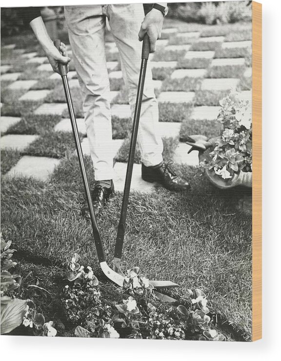 Exterior Wood Print featuring the photograph Man Using Turf Trimmers by Pedro E. Guerrero