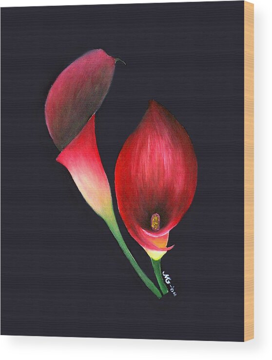 Red Calla Lillies Wood Print featuring the painting Mystic Calla Lillies by Mary Gaines