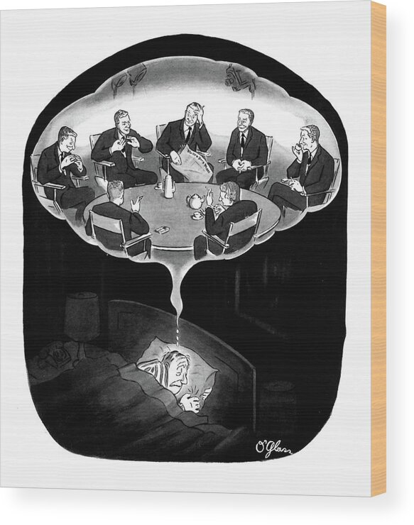 (man Has A Nightmare Of Many David Susskinds Seated Around A Discussion Table On His Tv Show Wood Print featuring the drawing New Yorker January 18th, 1964 by C.E. O'Glass