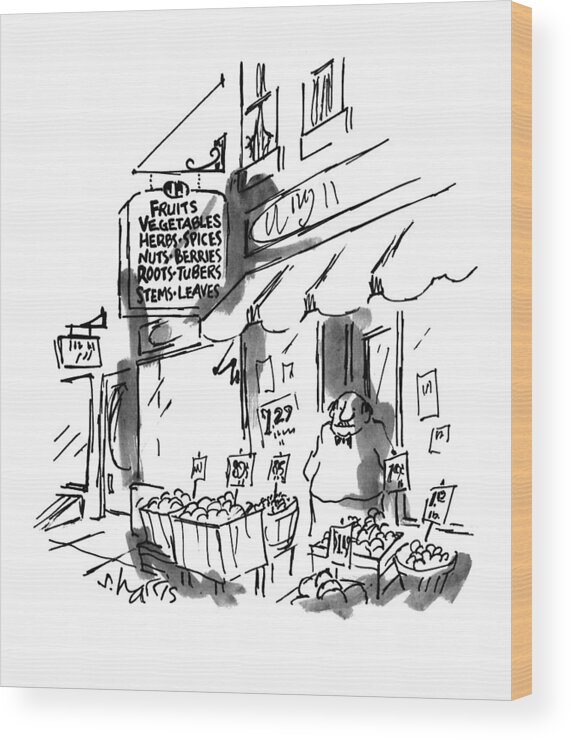 (a Vegetable Stand Owner Under A Sign That Says .)
Food Wood Print featuring the drawing New Yorker July 18th, 1994 by Sidney Harris