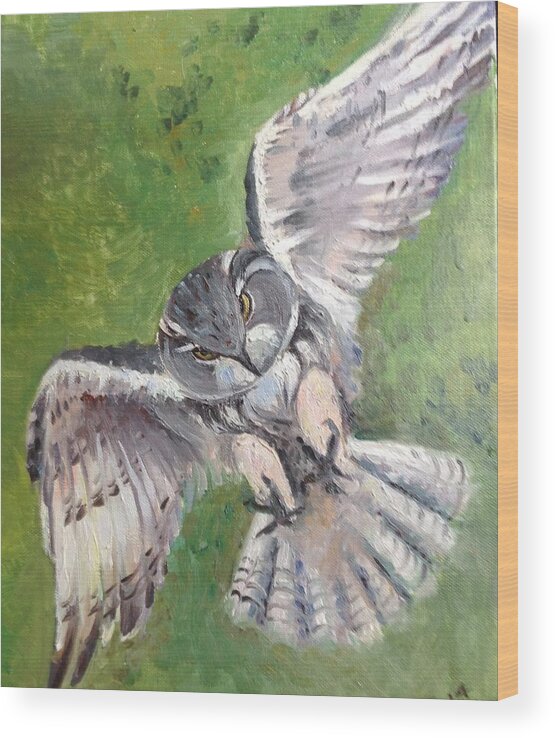 Oil Painting Wood Print featuring the painting Flying Owl by Rose Wang