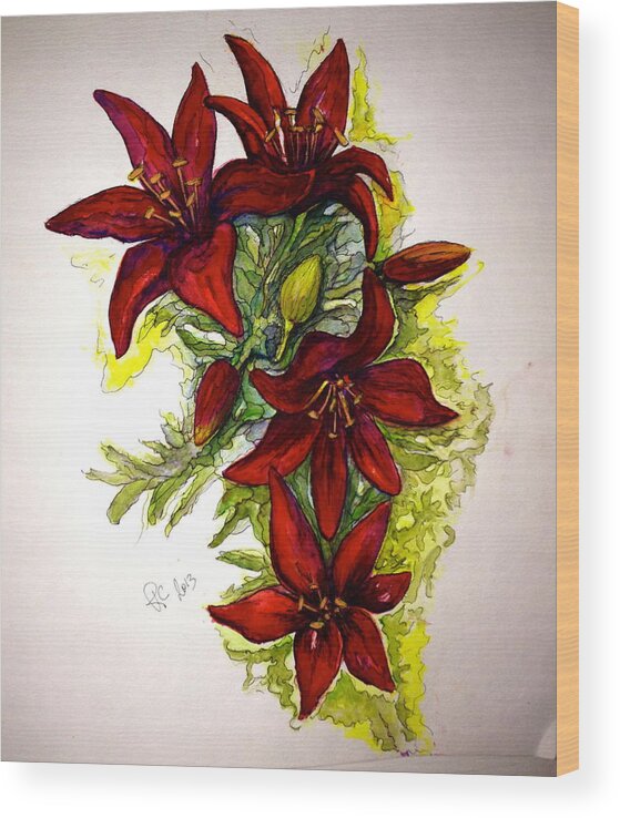 Red Lilies Wood Print featuring the painting Red Lilies by Rae Chichilnitsky