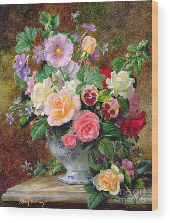 Still-life Wood Print featuring the painting Roses pansies and other flowers in a vase by Albert Williams