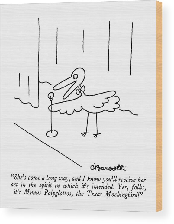 

 Bird Master Of Ceremony Introduces. 
Birds Wood Print featuring the drawing She's Come A Long Way by Charles Barsotti