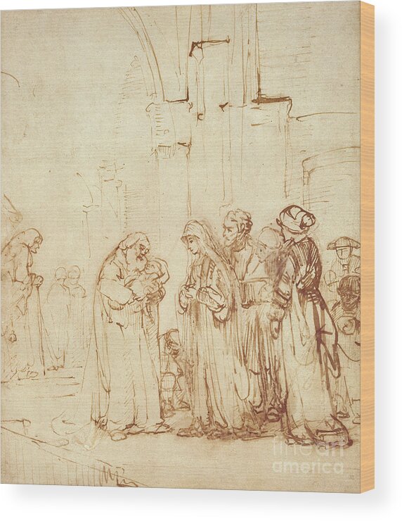 Rembrandt Wood Print featuring the drawing Simeon and Jesus in the Temple by Rembrandt Harmenszoon van Rijn