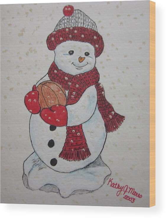 Snowman Wood Print featuring the painting Snowman Playing Basketball by Kathy Marrs Chandler
