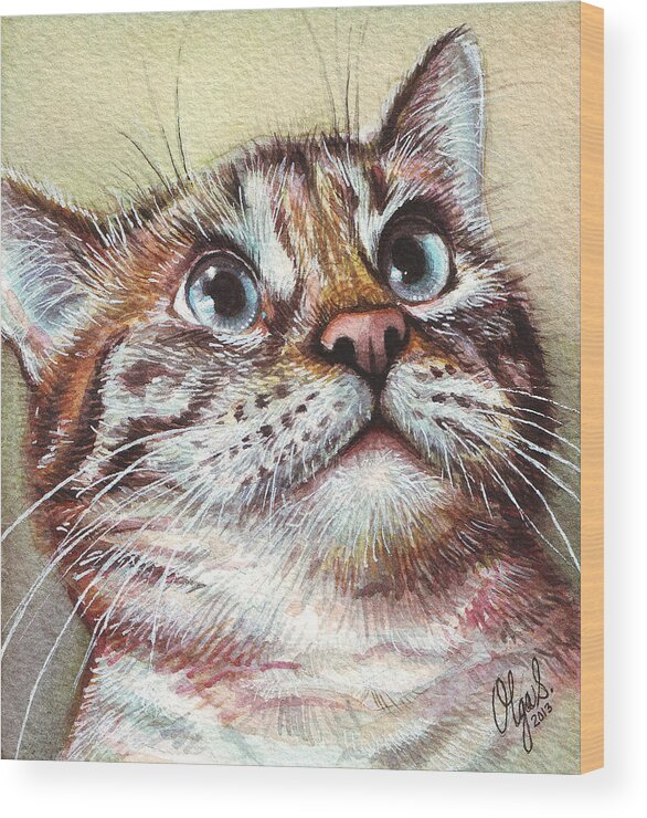 Kitty Wood Print featuring the painting Surprised Kitty by Olga Shvartsur