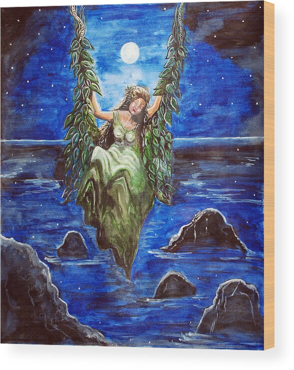 Swing Wood Print featuring the painting Swing in Moonlight by Saranya Haridasan