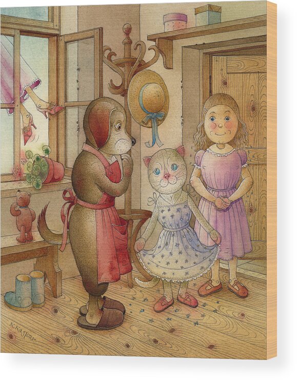 Dog Gurl Cat Fantasy Blue Rose Red Brown Friendship Wood Print featuring the painting The Dream Cat 19 by Kestutis Kasparavicius