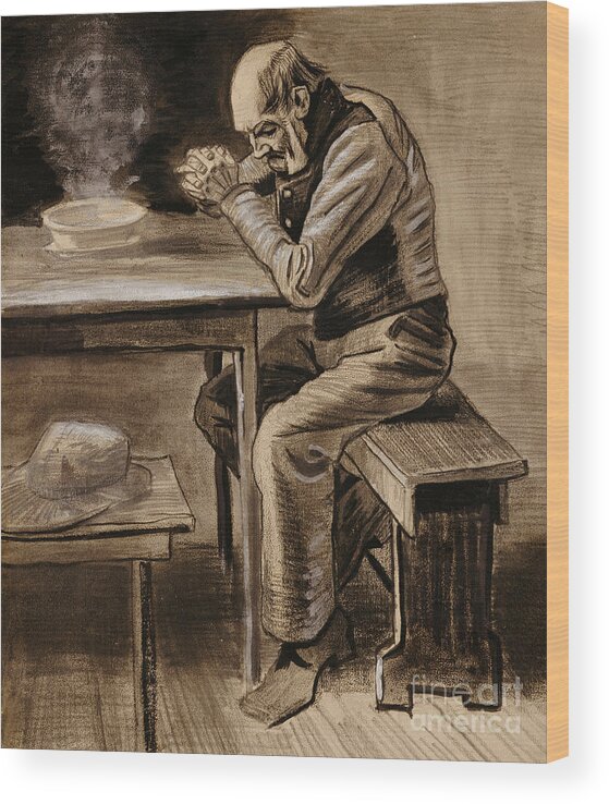 The Prayer By Vincent Van Gogh Wood Print featuring the drawing The Prayer by Vincent Van Gogh