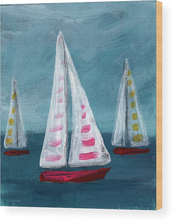 Boats Wood Print featuring the painting Three Sailboats by Linda Woods