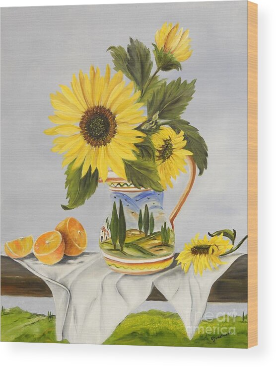 Italy Wood Print featuring the painting Tuscan Pitcher and Sunflowers by Carol Sweetwood
