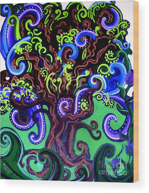 Tree Wood Print featuring the painting Windy Blue Green Tree by Genevieve Esson