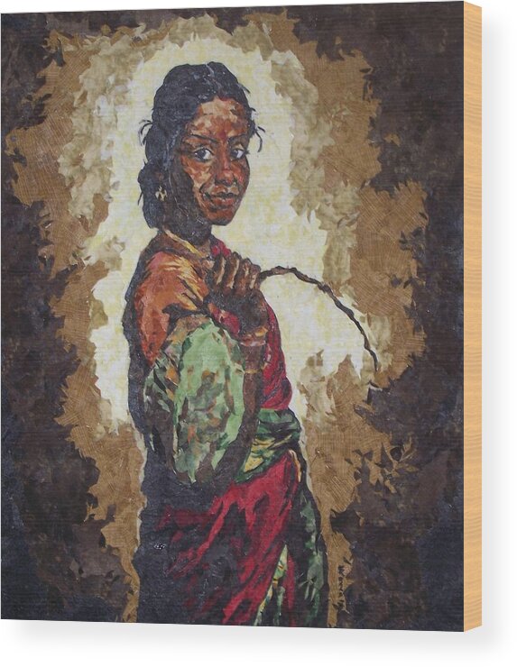 Fabric Wood Print featuring the painting Woman with a coconut by Mihira Karra