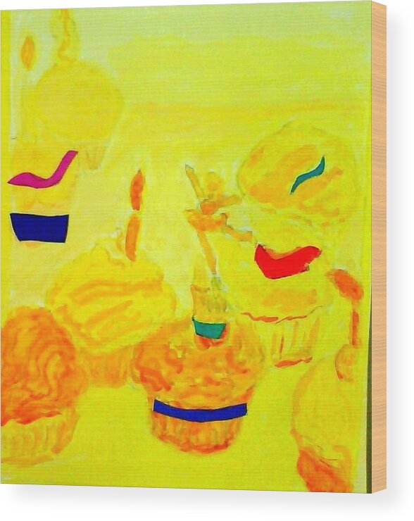 Yellow Cupcakes Wood Print featuring the painting Yellow Cupcakes by Suzanne Berthier