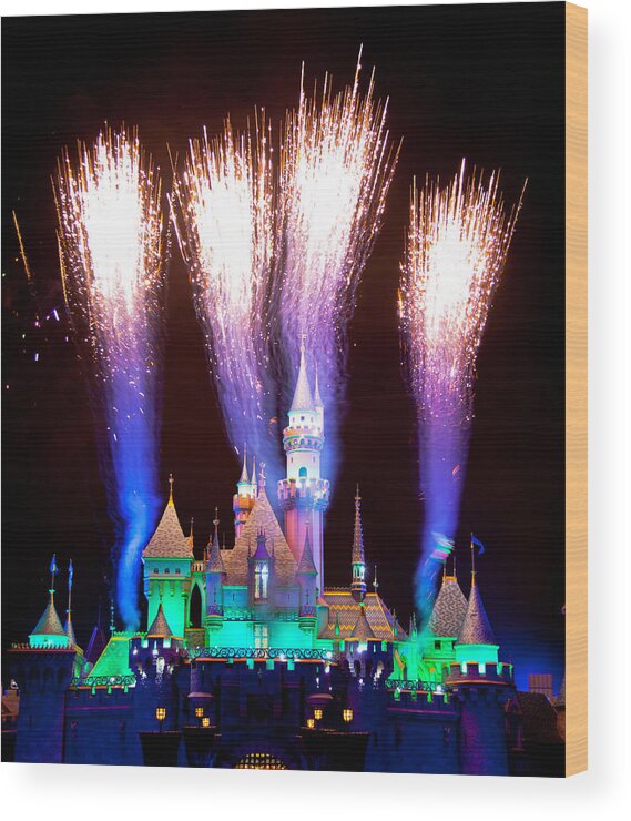 Sam Amato Photography Wood Print featuring the photograph Disneyland Fireworks over Sleeping Beauty Castle by Sam Amato