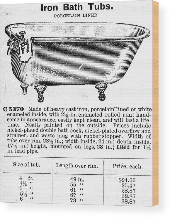 1900 Wood Print featuring the photograph Iron Bathtub, 1900 by Granger