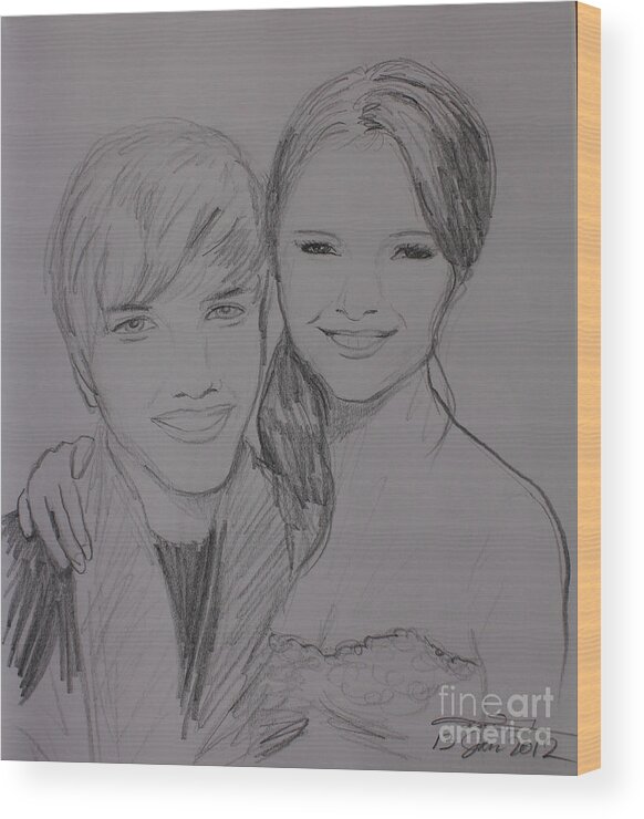 Justin Bieber Wood Print featuring the drawing Justin and Selena by Amanda Li