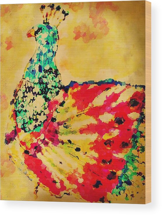 Abstract Wood Print featuring the drawing MPrints - Pretty Peacock by M Stuart