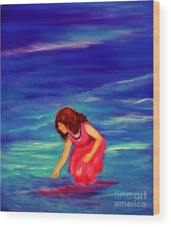 Little Girl Wood Print featuring the painting Red Haired Sea Baby by Peggy Miller