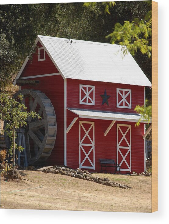 Red White Black Star Barn Water Wheel Bench Trees Honeyrun Ca Wood Print featuring the photograph Red Star Barn by Holly Blunkall