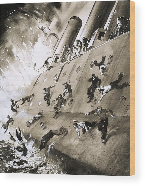 Hms Natal; Fire; Disaster; Accident; Cromerty Firth; Sailors; Escape; Panic; Ocean; Sea; Boat; Ship Wood Print featuring the painting Sailors Escaping HMS Natal which Caught Fire in Cromerty Firth in 1915 by English School
