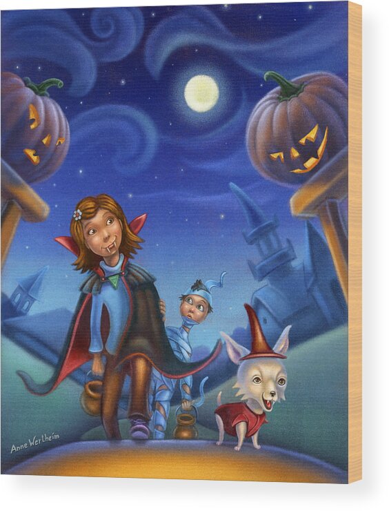 Halloween Wood Print featuring the mixed media Trick of Treating by Anne Wertheim