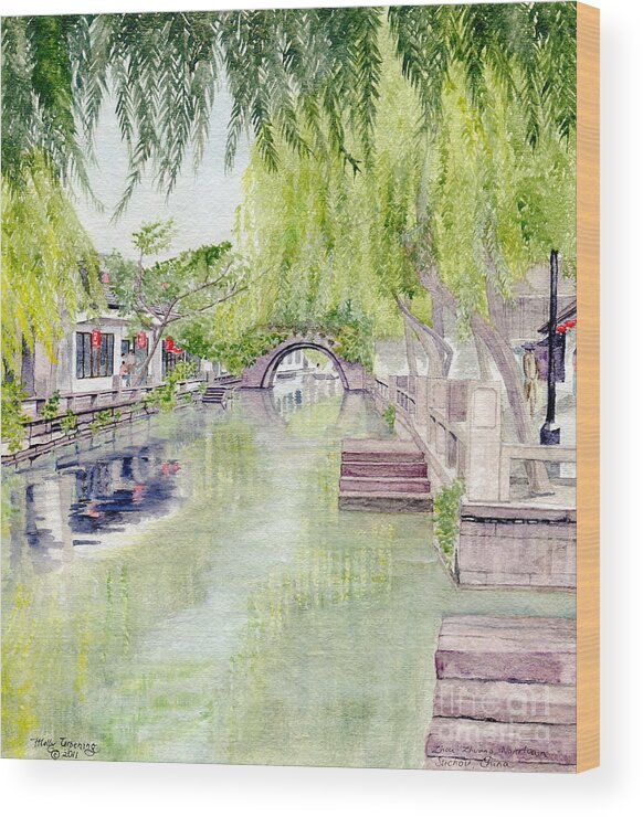 Zhou Zhuang Wood Print featuring the painting Zhou Zhuang Watertown Suchou China 2006 by Melly Terpening